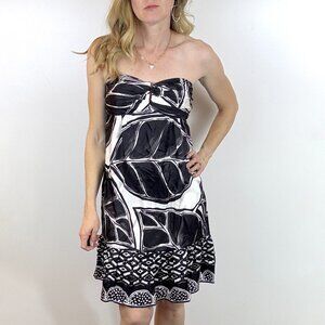 WHBM Strapless Black and White Leaf Silk Cocktail Dress